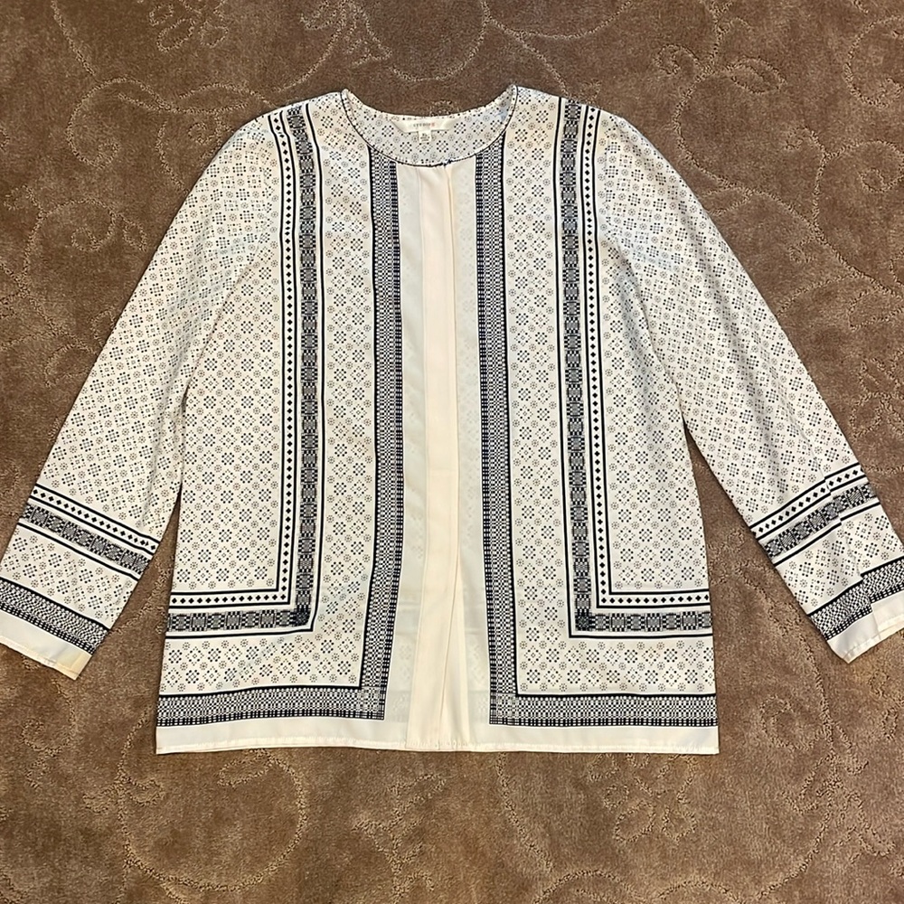 Cream and black thin patterned longsleeve sheer top, women’s size XL